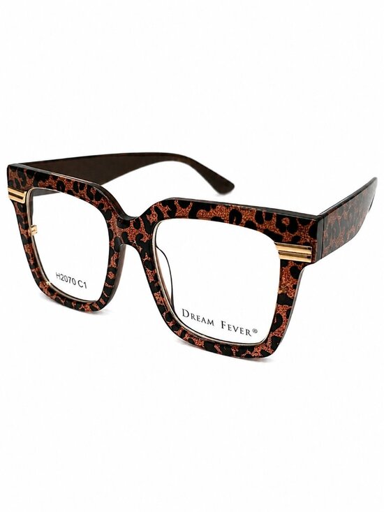 Dream Fever Accessories - Dream Fever H2070 C1 Leopard Print Square Eyeglass Frames 50-19-145
